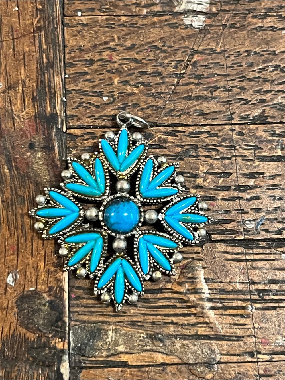 Artisan made Zuni petite point Turquoise Blue Floral Pendant Necklace Charm